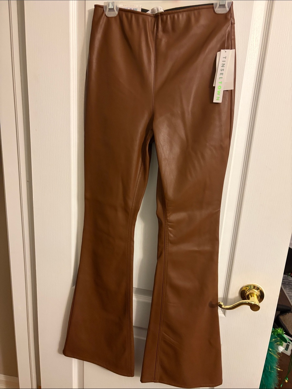 Tinseltown Women’s Faux Leather High Rise Flare Cognac Brown